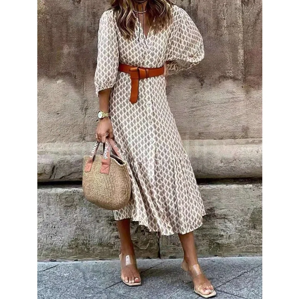 Printed Dress Lantern Sleeve Button Up White Tan - Picture 2 of 8